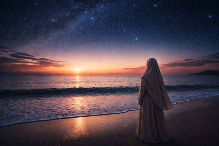 A woman gazing at the sea, wondering what truly holds human life together through Islamic Leadership Alignment.