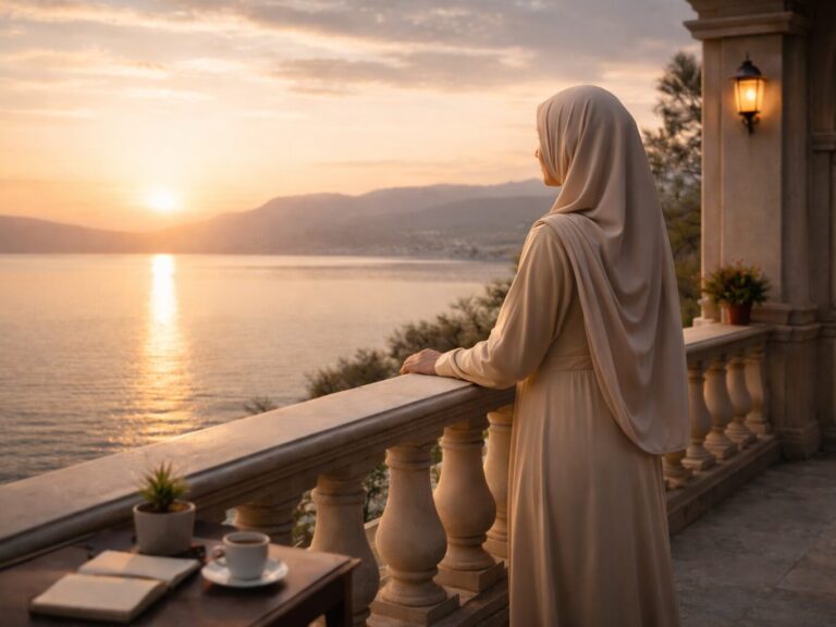 Clear leadership symbolized by a woman reflecting at sunset with tea and book by the river