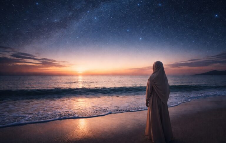 Woman contemplating life and Islamic leadership alignment by the sea.