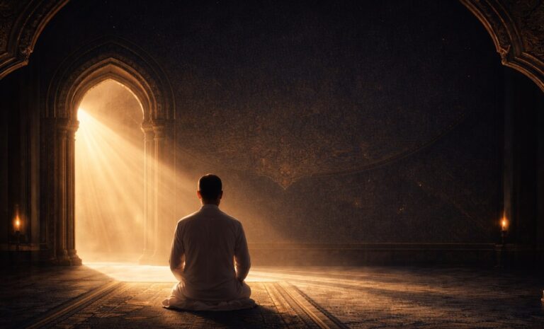 Muslim man in prayer under crescent moon in navy and gold mosque setting, symbolizing Ramadan reflection and divine abundance