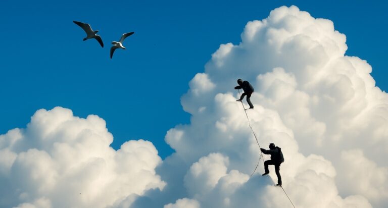 Two climbers ascending into the clouds - Spiritual Story Architect and Sacred Narrative Architecture concept shaping teleological clarity into legacy.