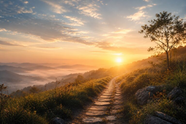 Momentum of Hijrah reflection through a peaceful path at dawn symbolizing renewal and spiritual growth.