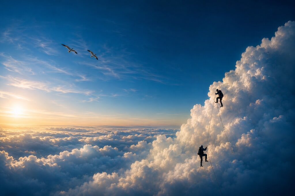 Two climbers ascending into the clouds - Spiritual Story Architect and Sacred Narrative Architecture concept shaping teleological clarity into legacy.