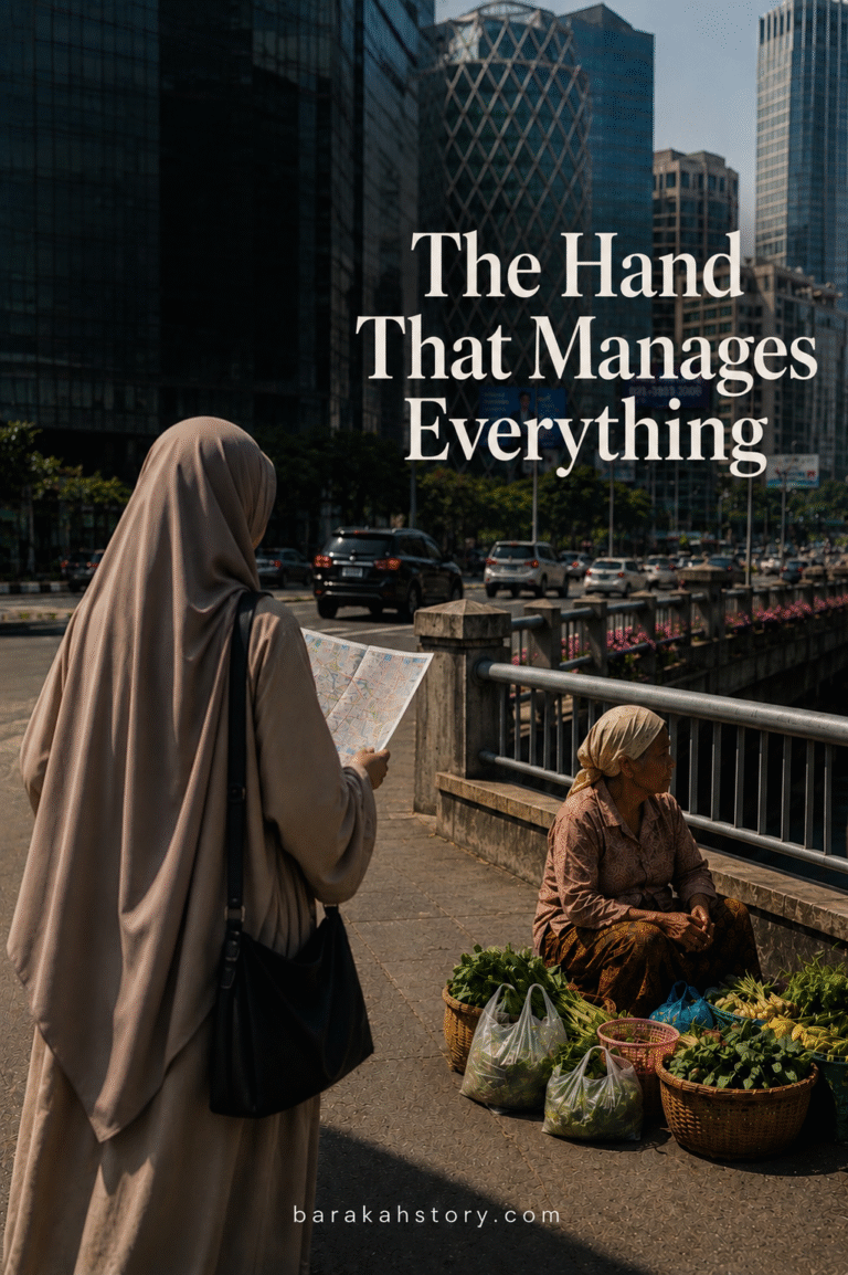 A Muslim woman meeting an elderly vegetable seller while learning about trusting Allah for rizq through tawakkul and everyday life.