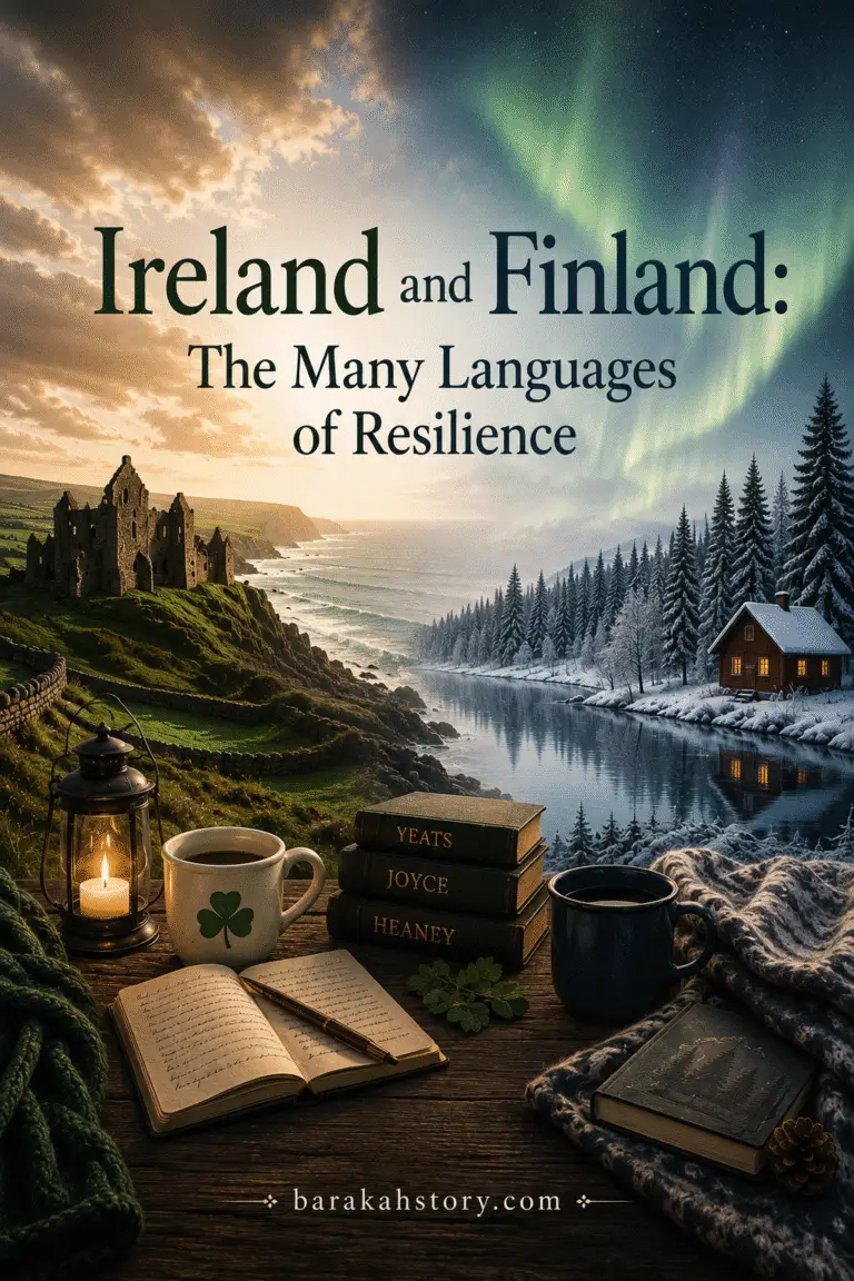 Ireland and Finland representing two languages of resilience through storytelling and quiet strenght. Islamic lens of sabr.