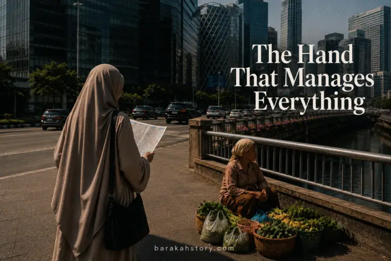 A Muslim woman meeting an elderly vegetable seller while learning about trusting Allah for rizq through tawakkul and everyday life.