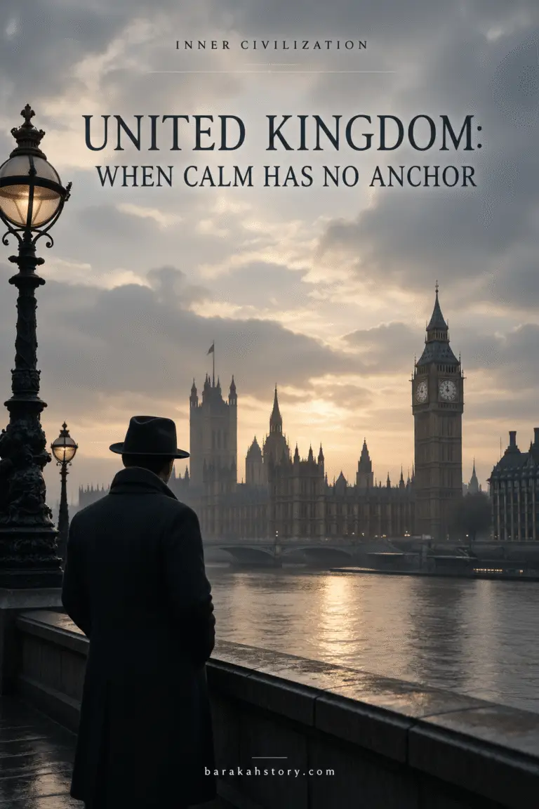 British Composure: a man in a dark coat overlooking the River Thames and the Palace of Westminster at sunset