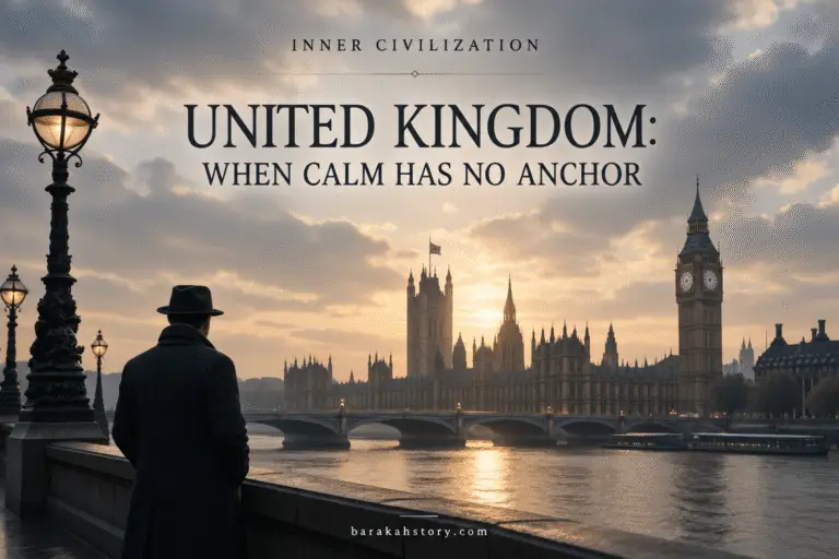 British Composure: a man in a dark coat overlooking the River Thames and the Palace of Westminster at sunset
