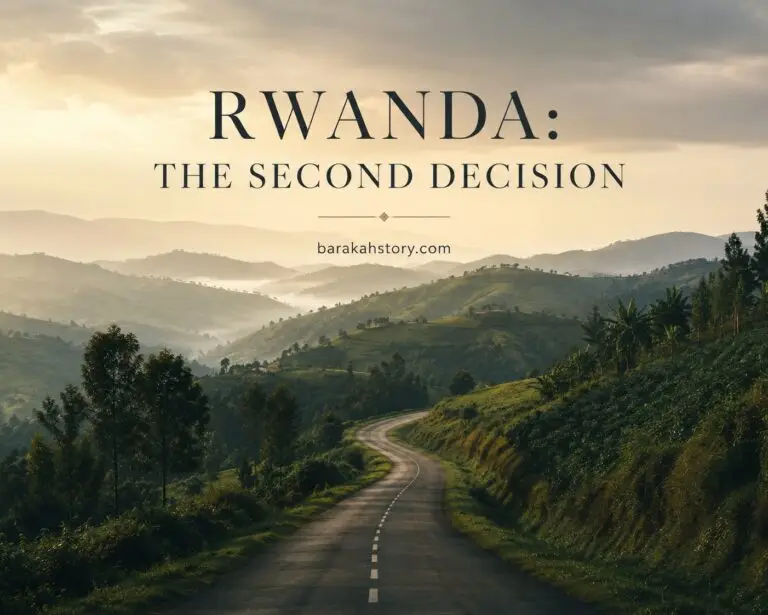 Rwanda reconciliation represented by a winding road through Rwanda's green hills toward the future