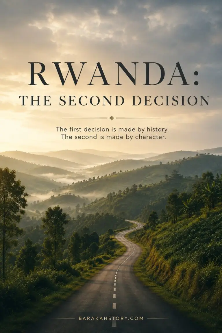 Rwanda reconciliation represented by a winding road through Rwanda's green hills toward the future