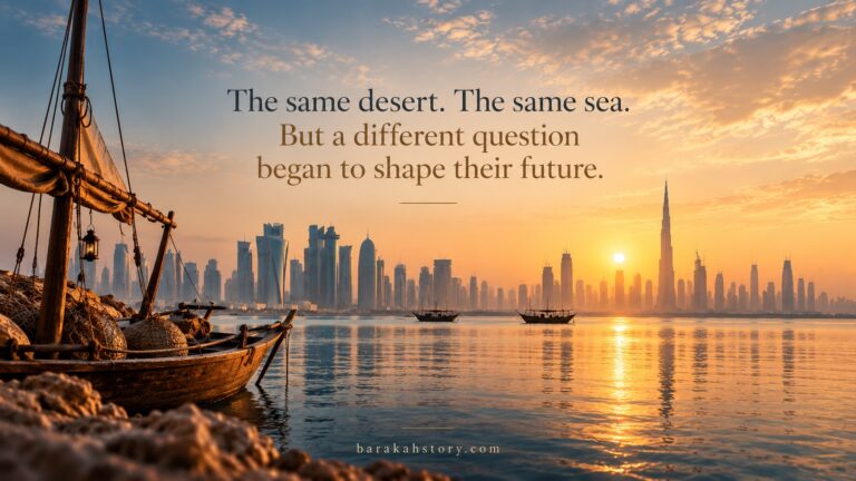 Arabian Gulf pearl diving heritage and the modern skylines of Qatar and Dubai, illustrating economic transformation and long-term vision.